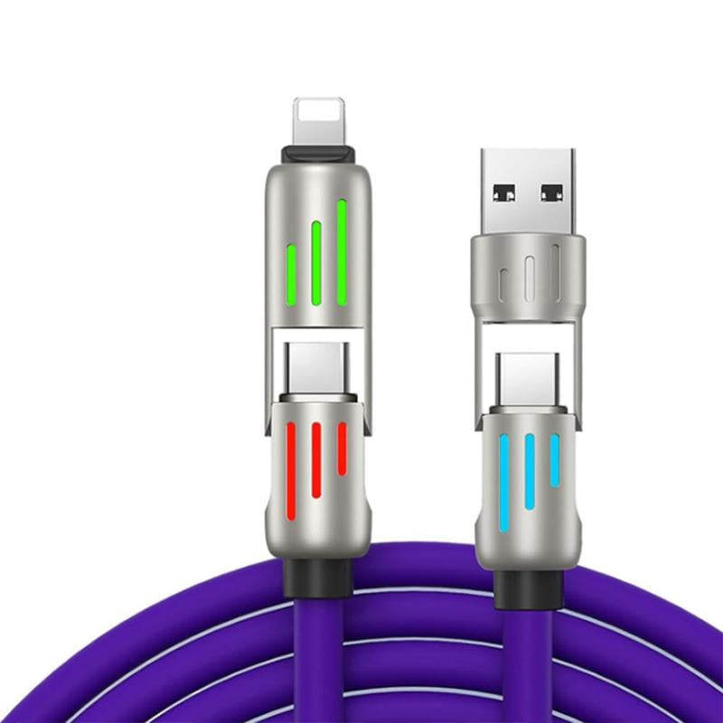 Multifunction Fast Charging Cable,4-In-1 240W USB C Cable with Breathing Light,5 FT Long-Distance Connection, Suitable for Lightning and Type C Phones, Computers, Ipad All Devices. Foldable Silicone Material Non Winding