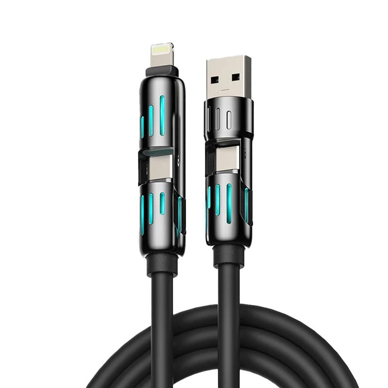 Multifunction Fast Charging Cable,4-In-1 240W USB C Cable with Breathing Light,5 FT Long-Distance Connection, Suitable for Lightning and Type C Phones, Computers, Ipad All Devices. Foldable Silicone Material Non Winding