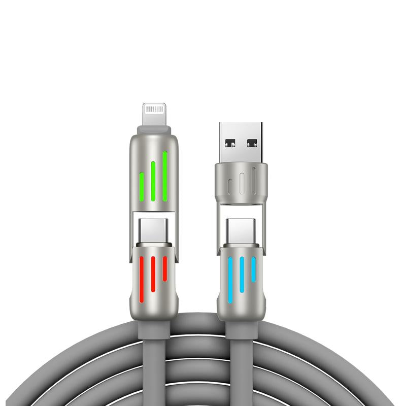 Multifunction Fast Charging Cable,4-In-1 240W USB C Cable with Breathing Light,5 FT Long-Distance Connection, Suitable for Lightning and Type C Phones, Computers, Ipad All Devices. Foldable Silicone Material Non Winding