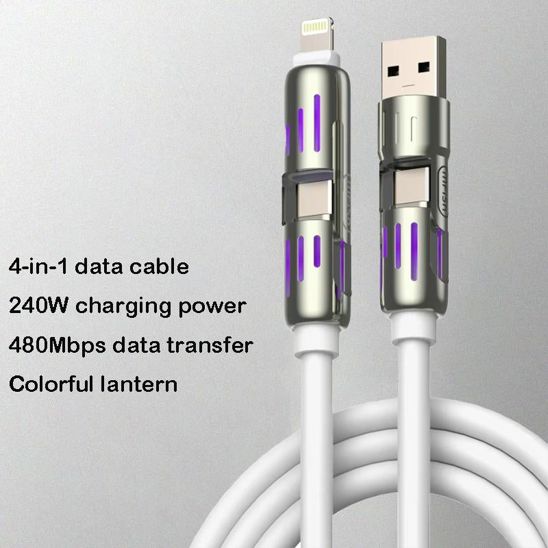 Multifunction Fast Charging Cable,4-In-1 240W USB C Cable with Breathing Light,5 FT Long-Distance Connection, Suitable for Lightning and Type C Phones, Computers, Ipad All Devices. Foldable Silicone Material Non Winding